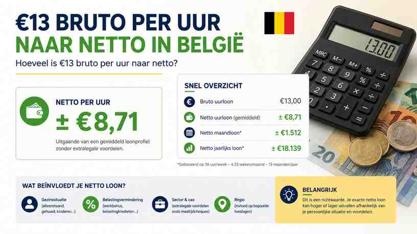 Hoeveel is €13 bruto per uur naar netto?