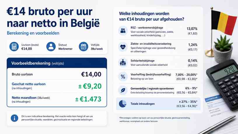 Welke inhoudingen worden van €14 bruto per uur afgehouden?