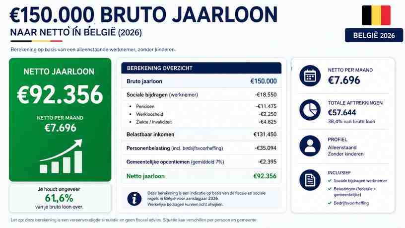 €150.000 bruto jaarloon naar netto in België (2026)