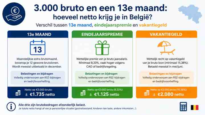 Verschil tussen 13e maand, eindejaarspremie en vakantiegeld