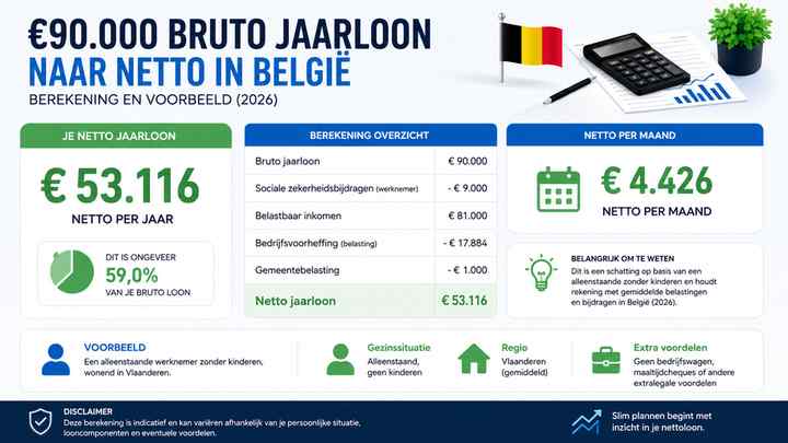 €90.000 bruto jaarloon naar netto in België: berekening en voorbeeld