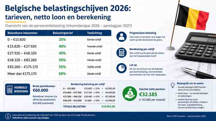 Belgische belastingschijven 2026: tarieven, netto loon en berekening