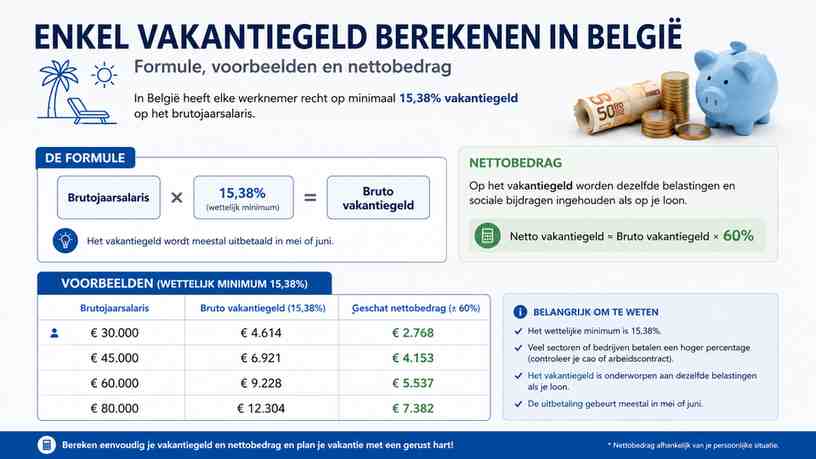 Enkel vakantiegeld berekenen in België: formule, voorbeelden en nettobedrag