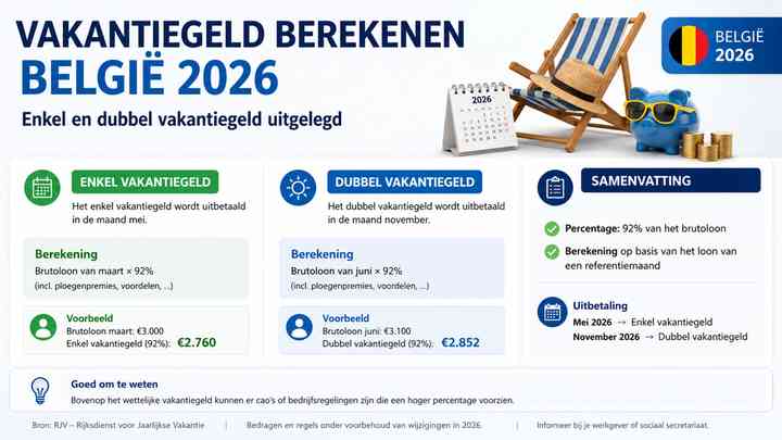 Vakantiegeld berekenen België: enkel en dubbel vakantiegeld in 2026