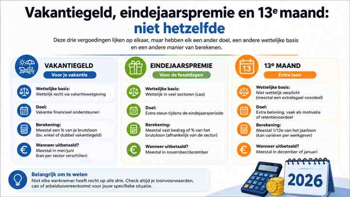 Vakantiegeld, eindejaarspremie en 13e maand: niet hetzelfde